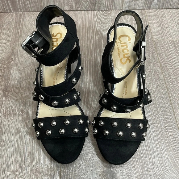 Circus By Sam Edelman Black Ophelia Faux Suede Strappy Studded Heel Sandals 8.5M - Picture 1 of 16